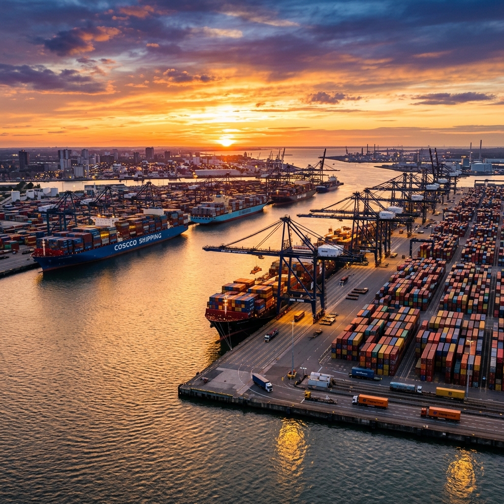 Global container port sunset background